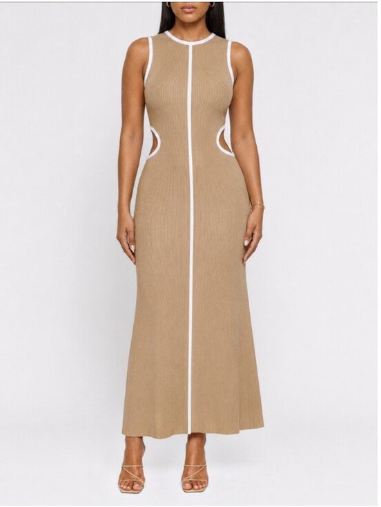 DISSH Dresses & Skirts - DISSH Binding Wheat Knit Midi Dress Cutout Beige White Piping M Minimalist